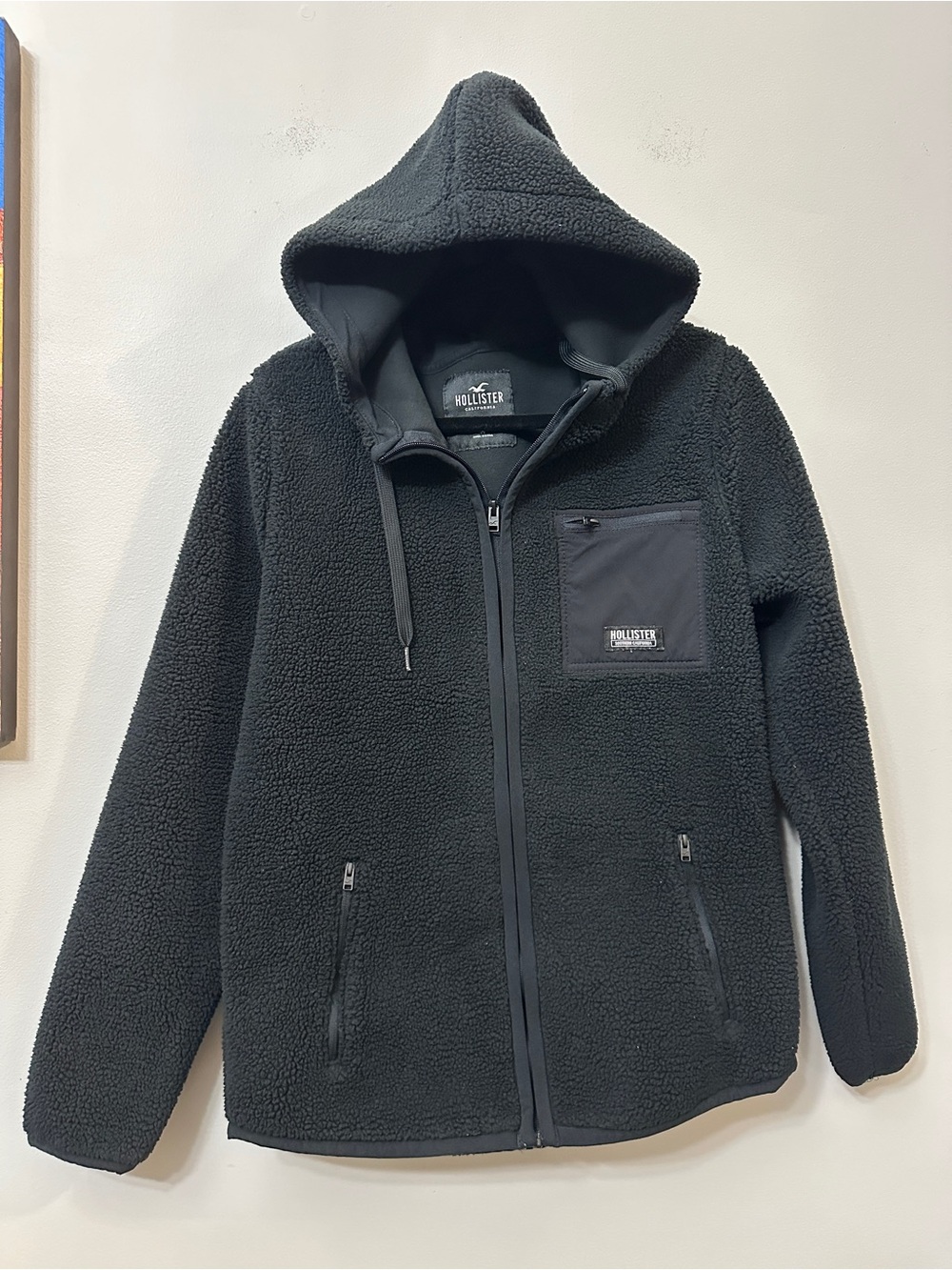 Hollister Mens Sherpa Fleece Full Zip Hoodie Jacket Black Sz M Tech Pocket